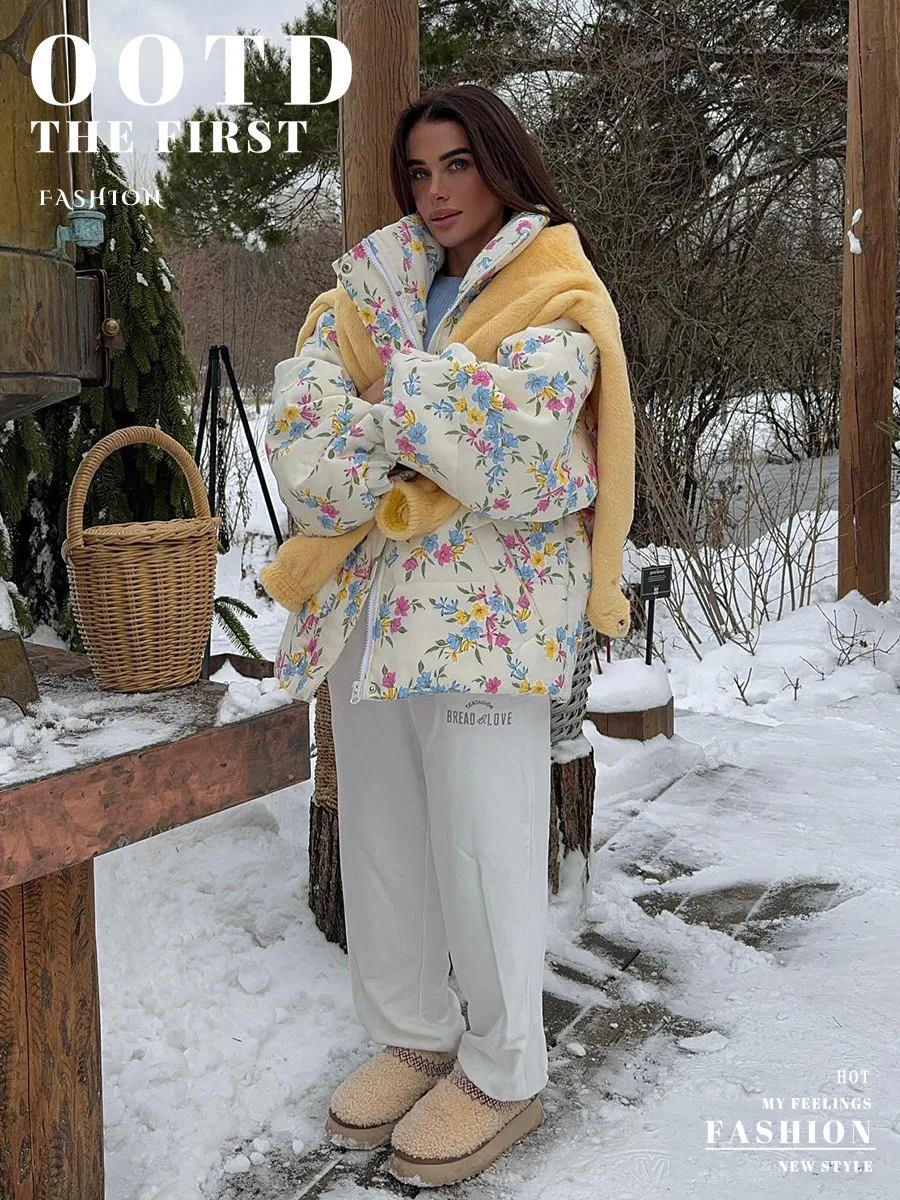 Wolfeel New Women's Puffer Jacket Oversized Stand Up Collar Zipper Closure Floral Print Warm Cotton Filled Coat Autumn Winter