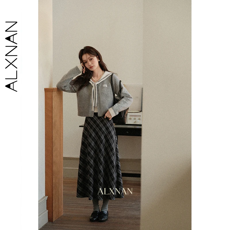 ALXNAN Czarno-szara spódnica w kratę damska Vintage długa elegancka spódnica w kształcie litery A Jesień 2025 Nowa kolekcja biurowa codzienna odzież damska L57551