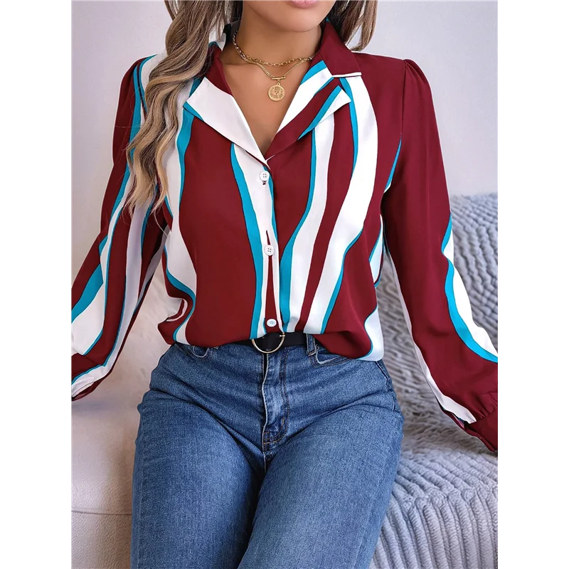 

CGS-Women's 2025 Casual All-Match Contrast Color Striped Suit Collar Long-Sleeved Shirt Tops