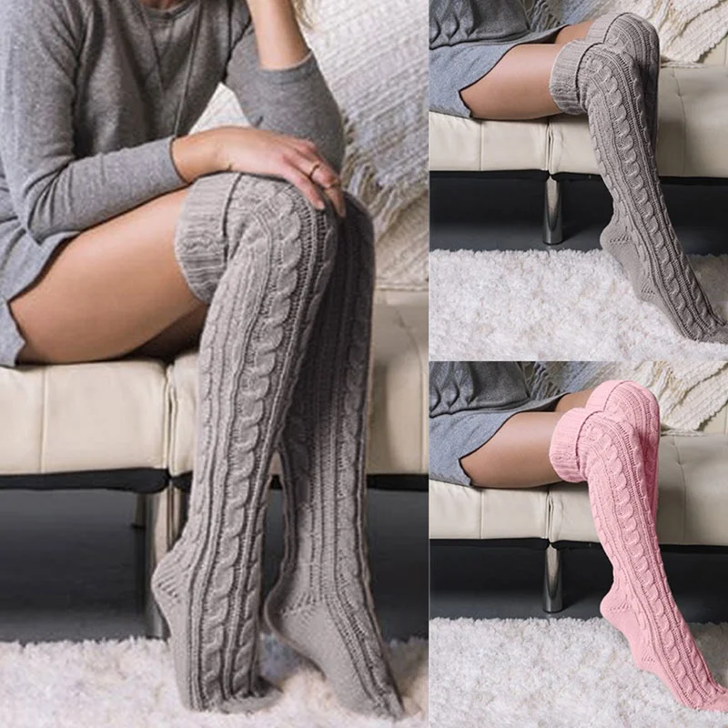Harajuku Women Girls Wool Stockings Winter Warm Knitted Over Knee Socks Leg Warmer Female Thigh Sexy Long Stockings Leg Warmers