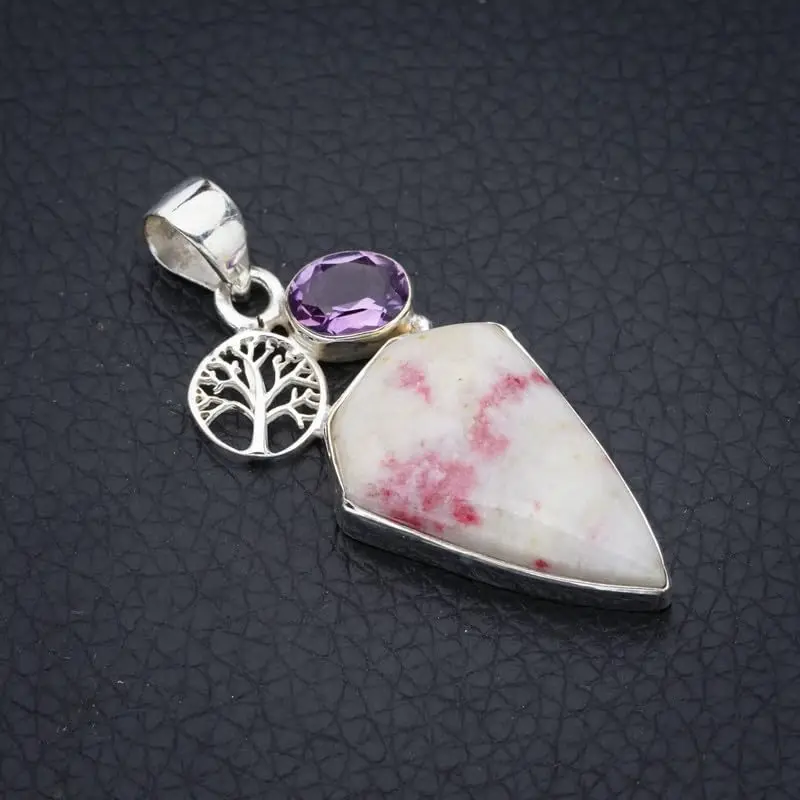 StarGems® Natural Rhodonite Amethyst TreeHandmade 925 Sterling Silver Pendant 1.75