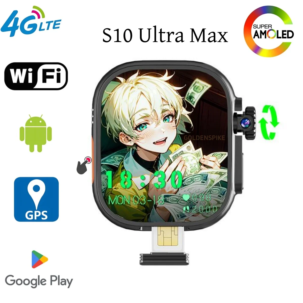 

S10 Ultra Max Smartwatch 4G Android 10.0 Система 8MP Поворотная камера Игры WIFI GPS Google Play Store Amoled Compass Смарт-часы Новые