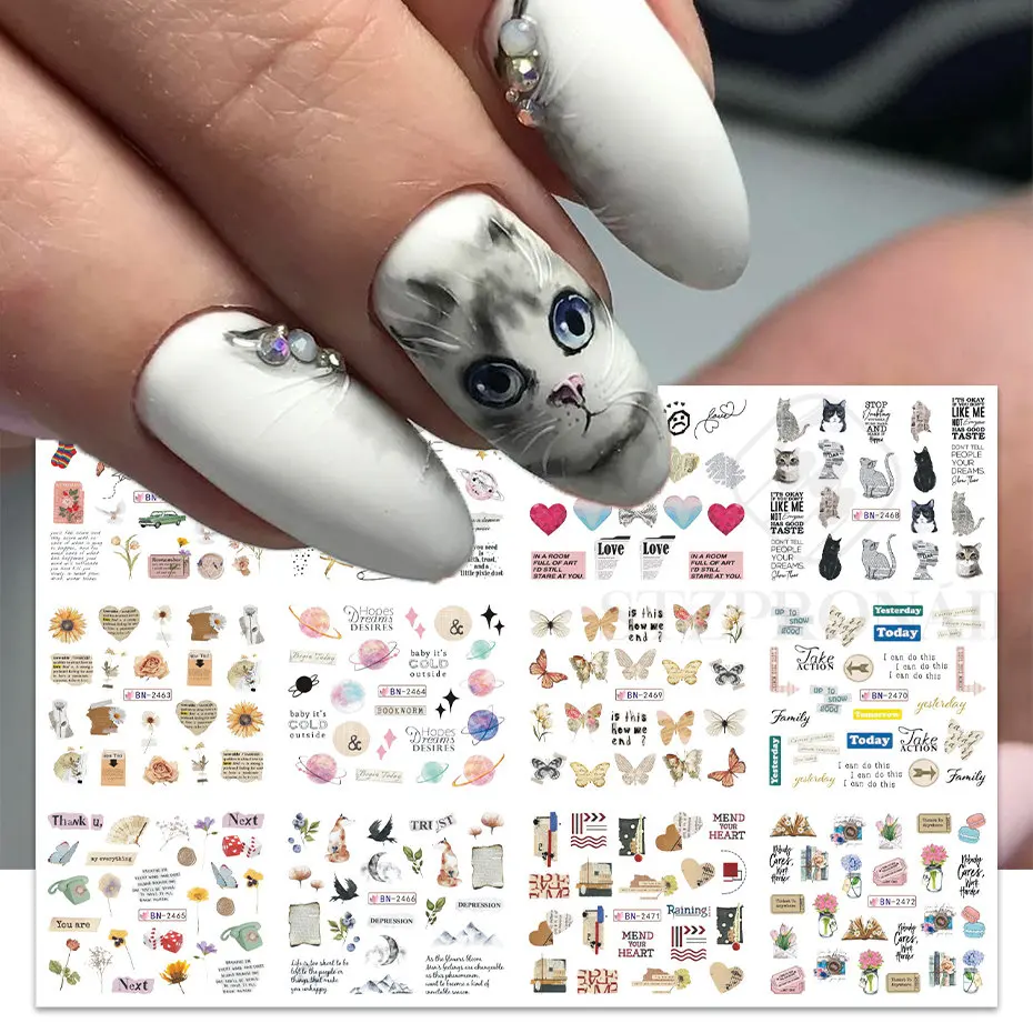 Autocollants de transfert à l'eau pour nail art, 12 pièces, stickers, rose, amour, chlormignon, jeune fille, bonbons, dessin animé, conseils, filigrane, curseur, manucure SLBouches