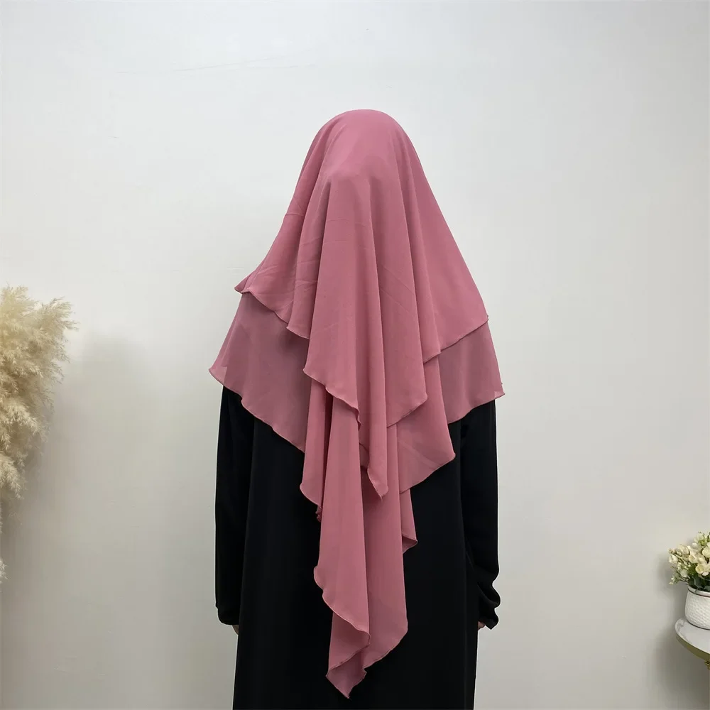 Hijab Scarf Two Layers Long Khimar Muslim Ramadan Fashion Women Headcover Dubai Turkish Chiffon Jersey Hijabs Islamic Clothing