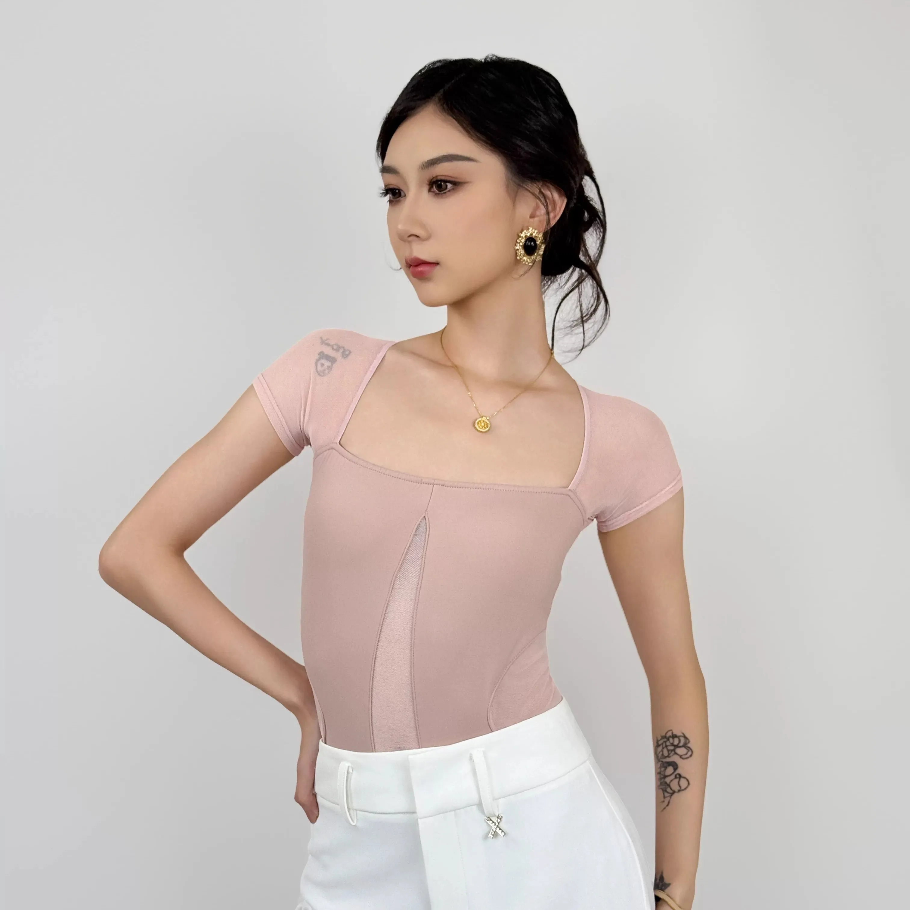 Modern Dance Short Sleeve Mesh Splicing Top Waltz National Standard Dance Practice Clothing Latin Dance Clothes Women DN21106
