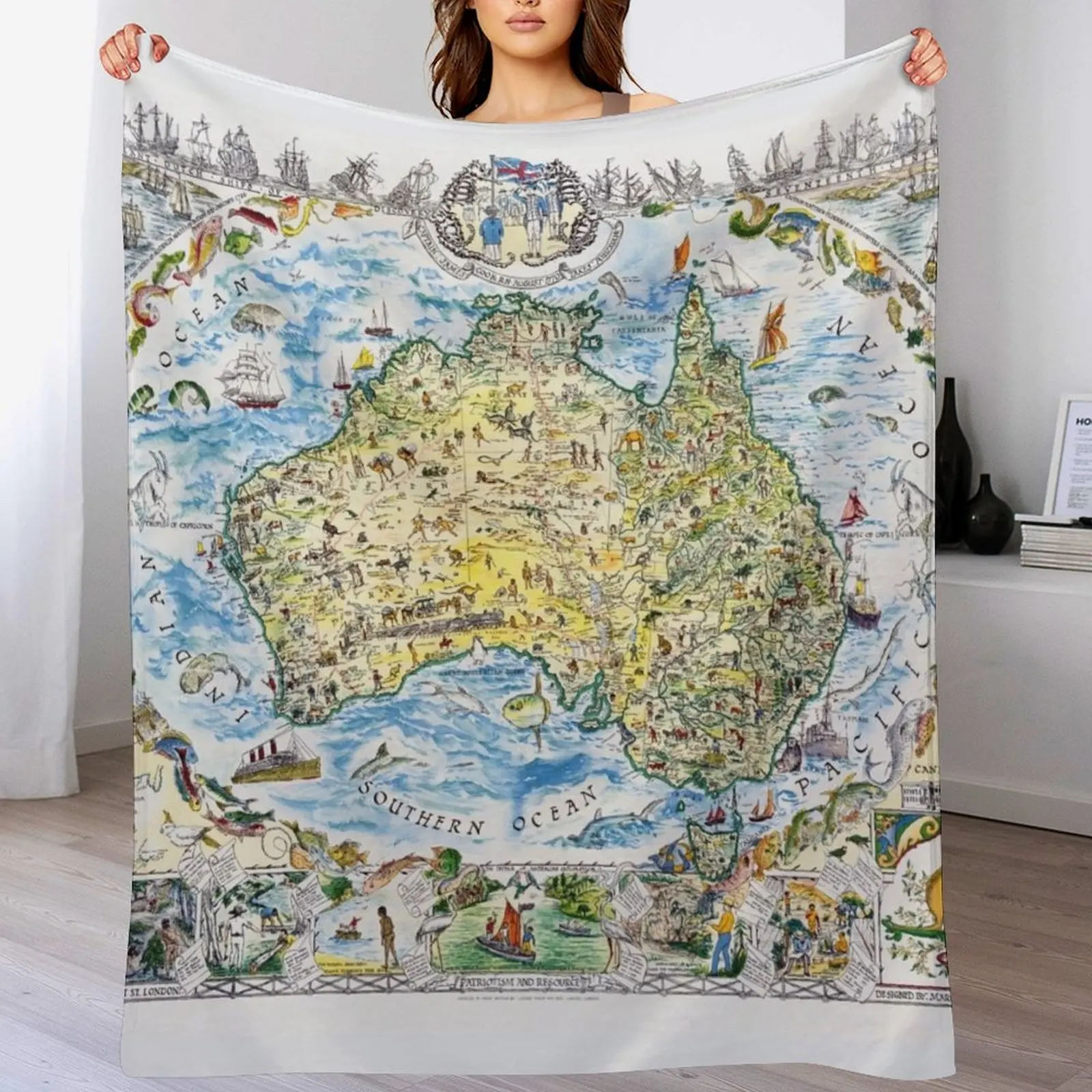 Antique Map of Australia, Patriotism and Resources Throw Blanket Luxury Brand Flannel Fabric Tourist Blankets