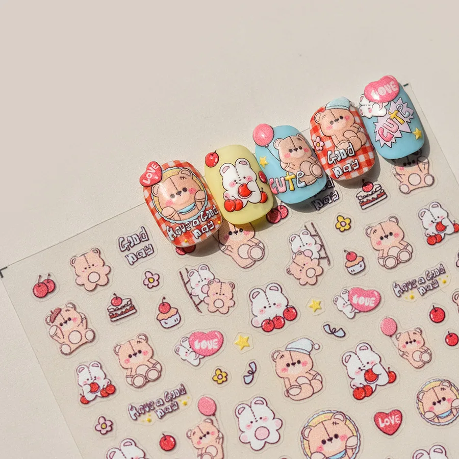 

1 Sheet Cartoon Bear Nail Stickers Press on Nails Ultra Thin & Flexible Self-Adhesive Cute Kawaii Nail Art Decals for Manicure