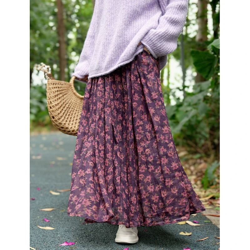 2025 New Arrival Autumn Women Loose Casual Vintage Floral Print A-line Skirt All-matched Elastic Waist Ankle-length Skirts Y184