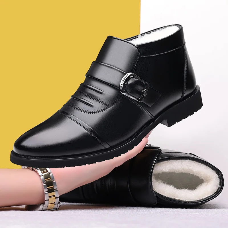 British Style Fall Winter High Top Warm Fur Shoes 2023 Formal Business Dress Shoes Plush Ankle Boots Mens Cotton Shoes Father