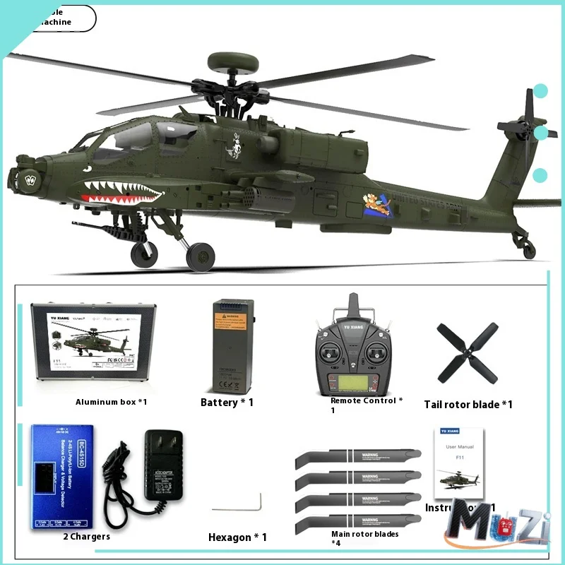 YXZNRC F11 Apache AH-64D F11 2.4G มอเตอร์ไร้แปรง 6 ช่องสัญญาณ บังคับวิทยุ 3D Stunt เฮลิคอปเตอร์จำลองแบบไม่มี Flybar สเกล 1:32