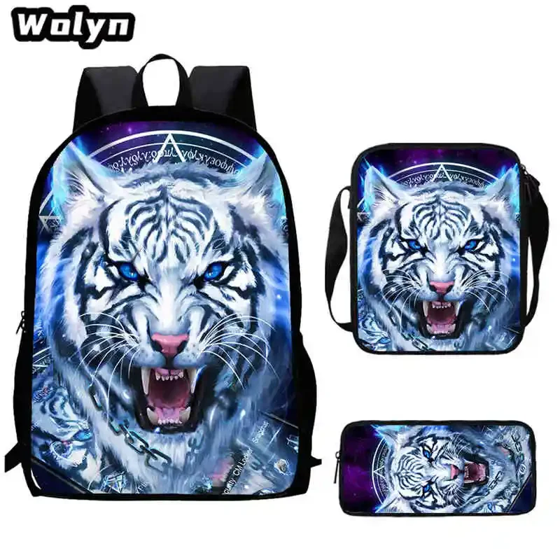 3PCS Set 3D Tiger Print School Backpack ,Shoulder Bags ,Pencil Case for Grade 1-3,Large Animal Prints School Bags for Boys Girls