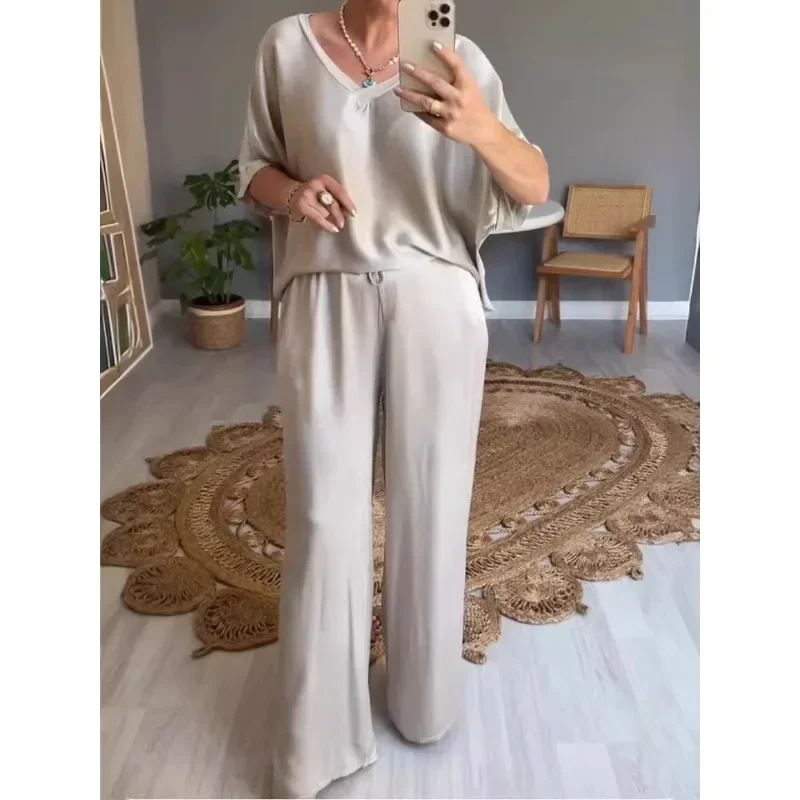 

Spring Oversize Women Sets Black V-neck Short Sleeve Tops Wide-Leg Long Pants Loose Suits Female Trendy Casual Lady Clothes
