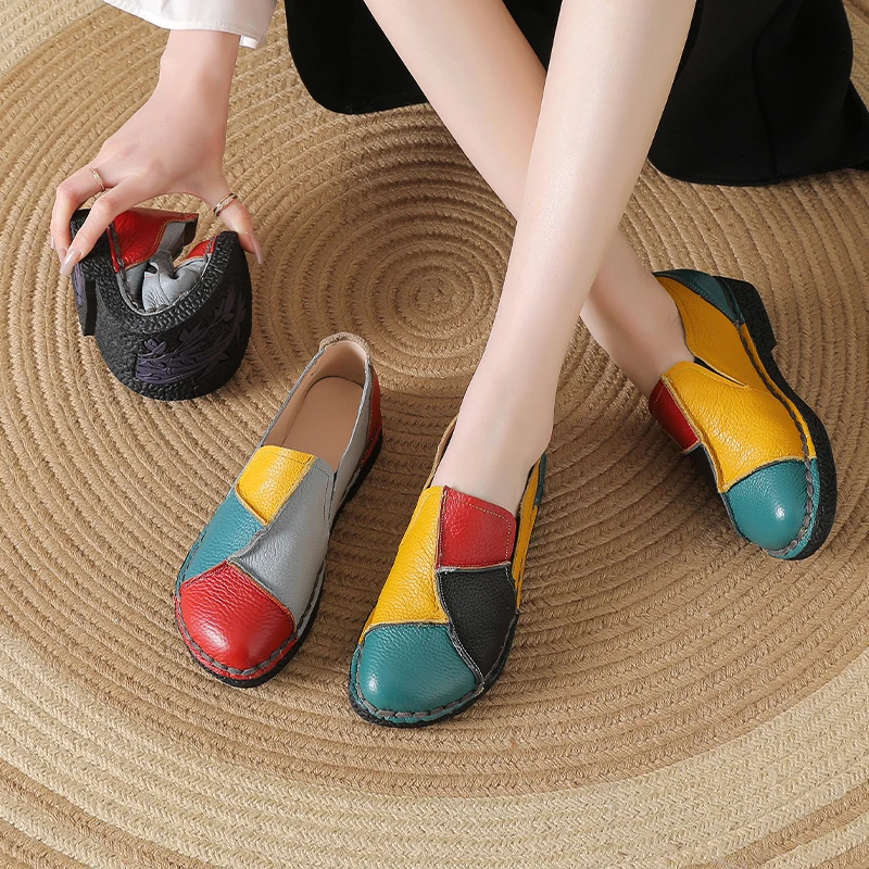 

New Real Leather Patches Flats Women's Mixed Color Moccasins Woman Casual Slip On Walking Shoes Ladies Boho Anti Skid Loafers