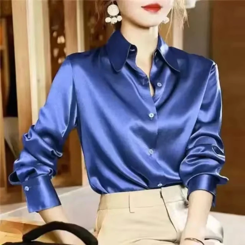 High Quality Silkly Satin Women's Shirt Office Ladies Long Sleeve Blouses Polo Neck Gold shirt Button Luxury Casual women tops