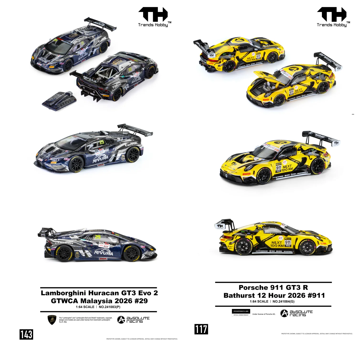 TH 1:64 Lamborghini Huracán GT3 EVO2 - GTWCA 2026 No. 29 Porsche 911GT3R-B12H2026 No. Modelo de coche de aleación 911