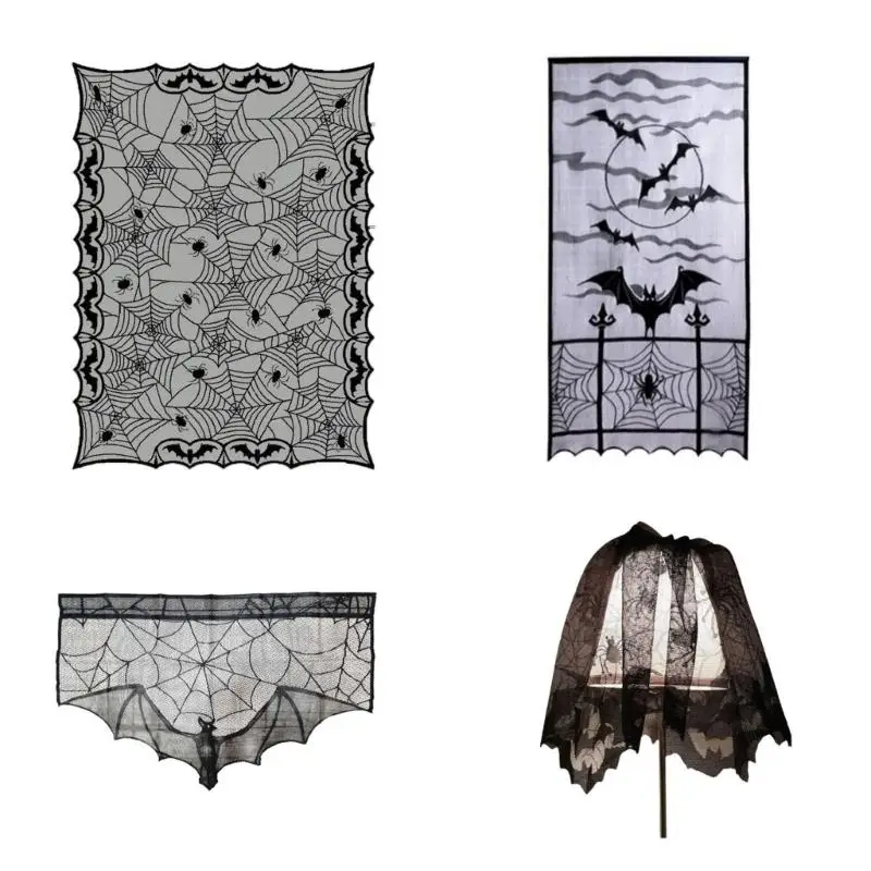 Spooky Holiday Tablecloth in Black Lace with Cobweb Pattern Mantel Scarf Cover for House Decoration