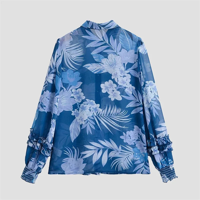 KEYANKETIAN 2026 Bohemian Tropical Relaxed-Fit Blouse Collared Neck Floral & Leaf Print, Long Sleeves  Ruffled Cuffs Shirt Top