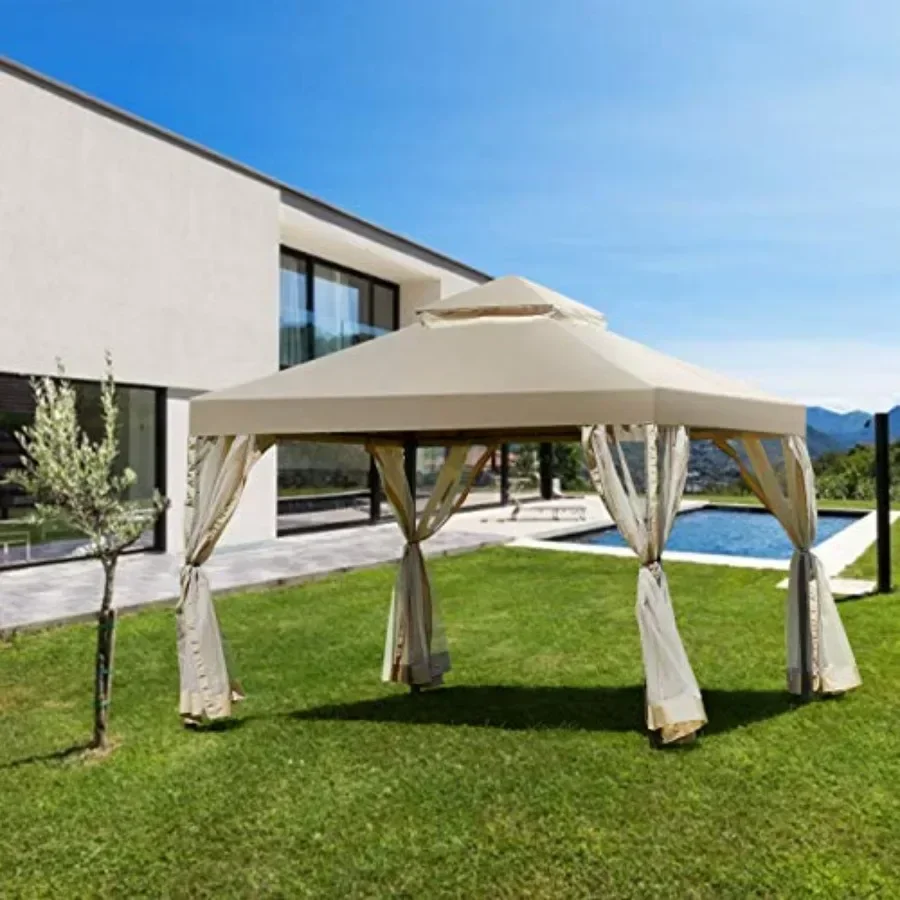 2-Tier 10x10Feet Patio Gazebo Outdoor Patio Fully Enclosed Gazebo  Tent w/Netting Outdoor Gazebo  Shelter for Backyard Garden D