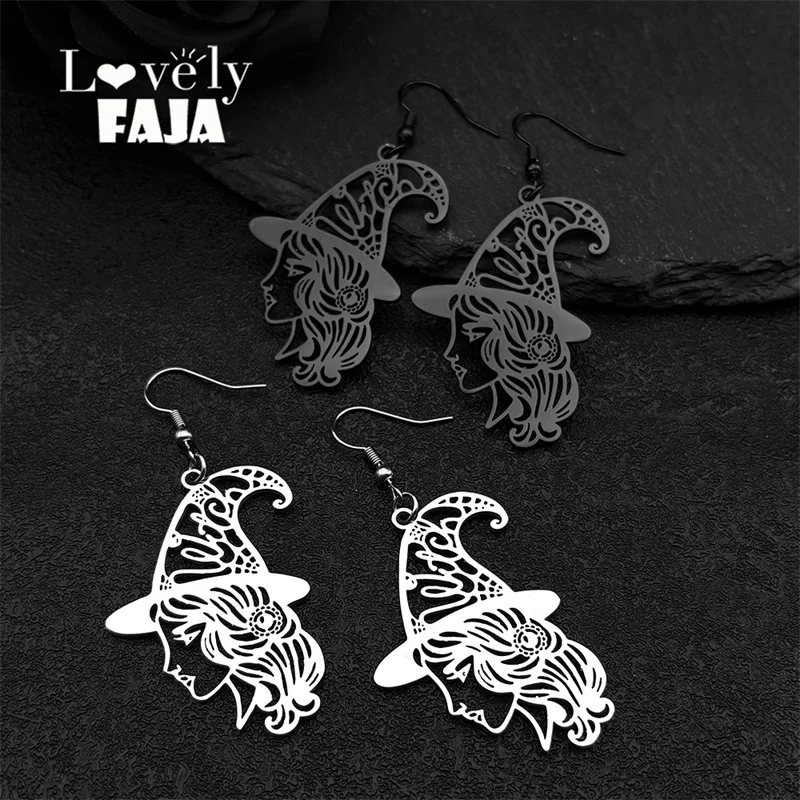 

Witch Head Hollow Flower Big Hoop Earrings For Women Men Stainless Steel Black Color Witchcraft Drop Earrings Halloween Gifts