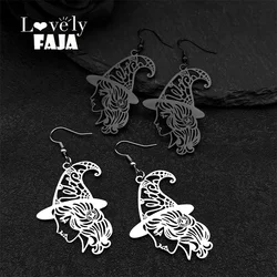 Witch Head Hollow Flower Big Hoop Earrings For Women Men Stainless Steel Black Color Witchcraft Drop Earrings Halloween Gifts