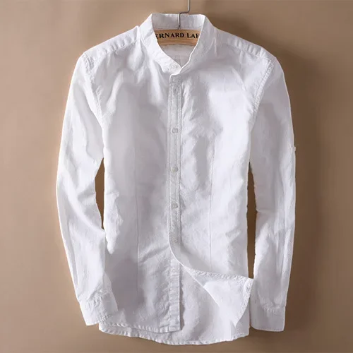 Men Stand Collar Linen Shirts Long Sleeve Mens Button-Front Quality Casual Shirts Slim Fit Solid Dress Shirts Men Clothes TS-154