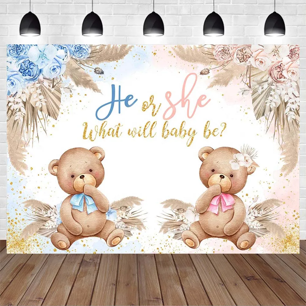 Mocsicka Gender Reveal Photo Background Bear He or She What Will Baby Be Backdrop Bohemian Flower Pampas Grass Photography Decor