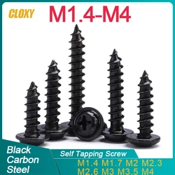 50/ 100/ 200pcs/lot M1.4 M1.7 M2 M2.5 M3  M3.5 M4 PWA  Black Phillips PWA Cross Round Head Self tapping Screws With Washer