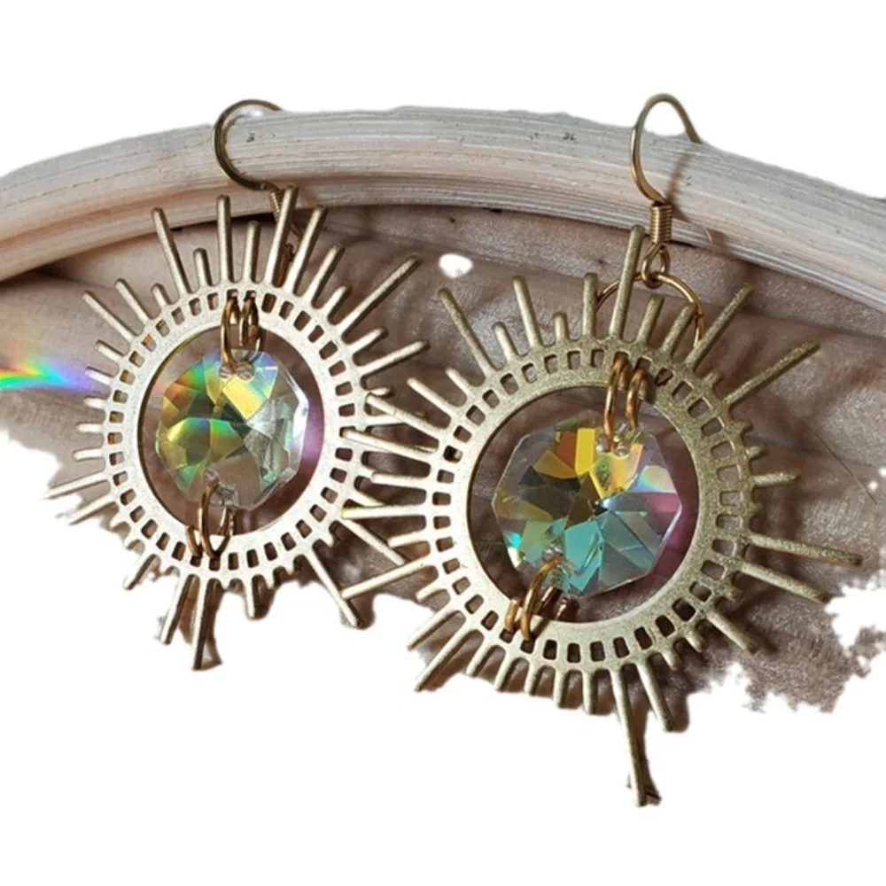 Retro Fashion Gold Color Hollow Out Sun Flower Colorful Sparkling Glass Crystal Rainbow Dangle Earrings for Women Jewelry Gifts