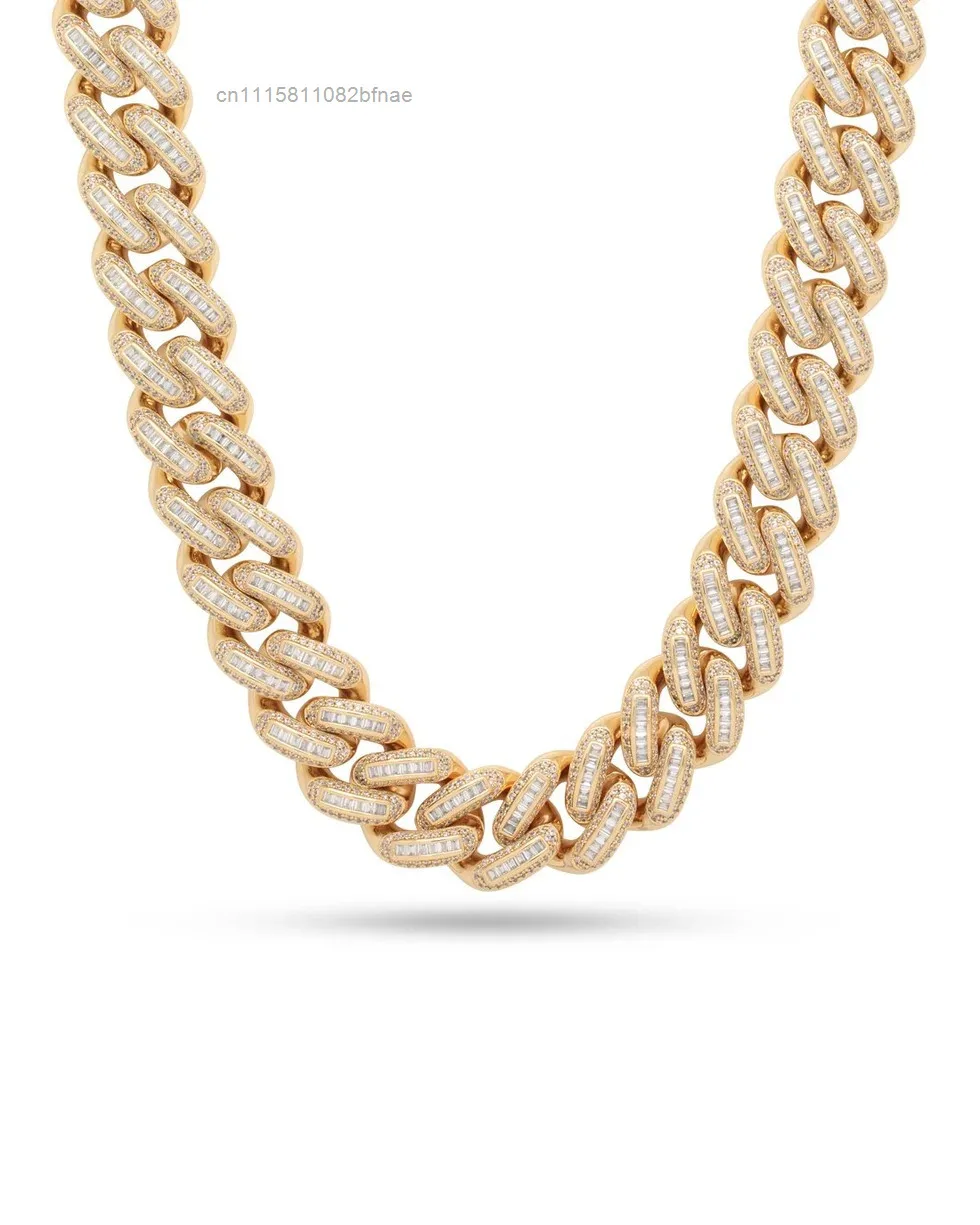 Luxury Fully Iced out Moissanite Diamond Chain D VVS Silver Jewelry with Baguette and Cuban Link Studded Tester Check Chain，