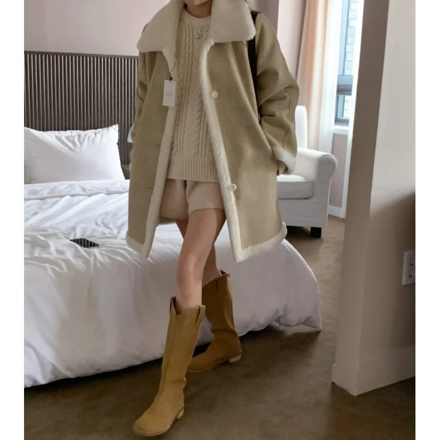 Retro Double-Sided Wear Leather Fur Inteated Medium-Length Coat Women Chic Faion Turn Collar Cotton Clothes Trend