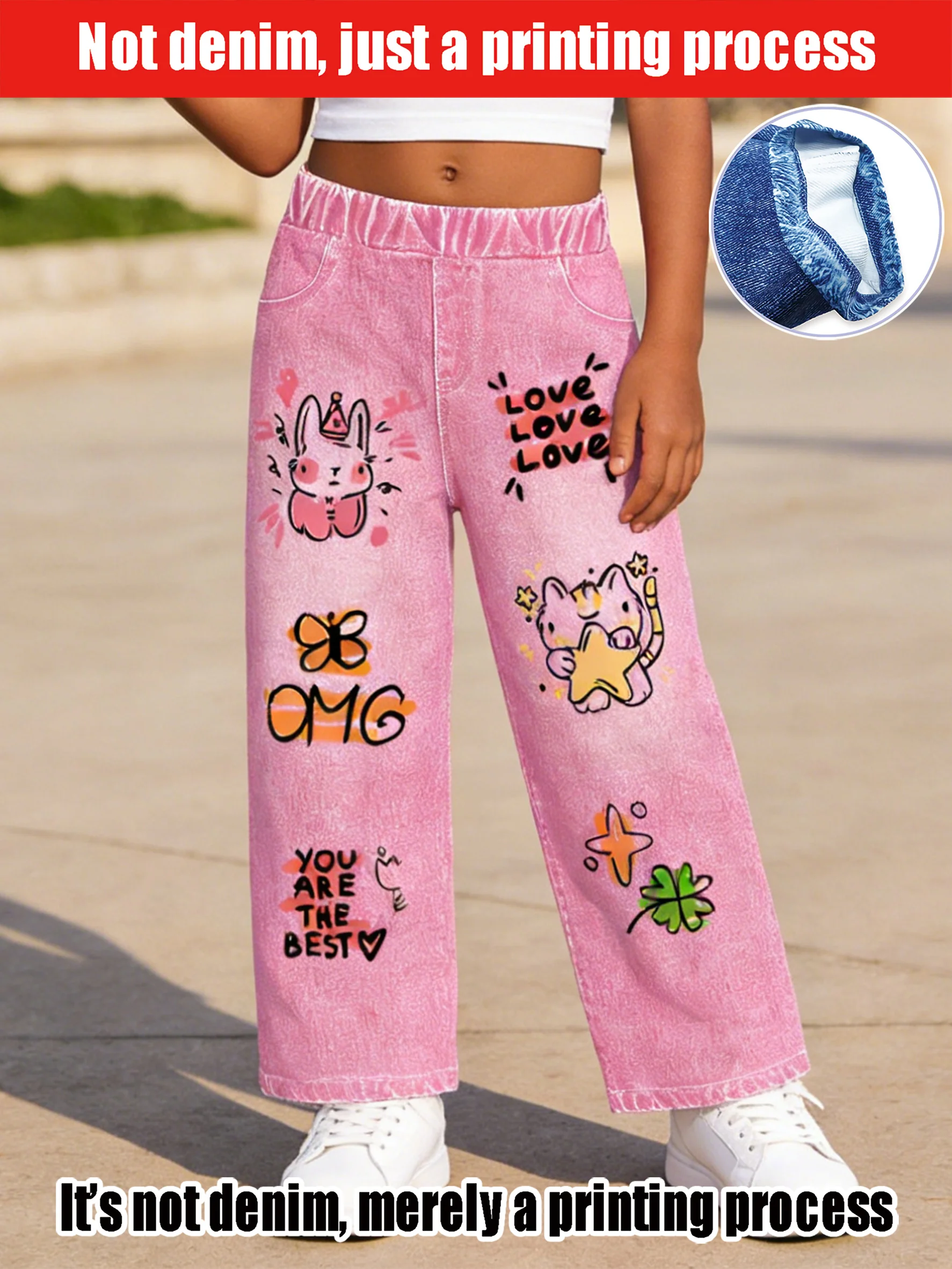 

Детские розовые широкие брюки из искусственного денима 2026, с принтом «Кролик-корона», в стиле «сладкая жизненная сила» для девочек