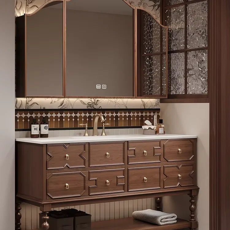 

&c French-style Solid Wood Bathroom Cabinet with Integrated Granite Basin and Smart Mirror for Workshop Use