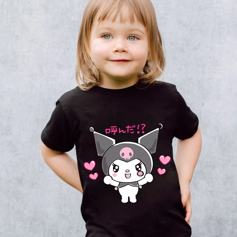 Sanrio Kuromi kids t-shirt puro cotone a maniche corte nero top cartoon abbigliamento per bambini per ragazze