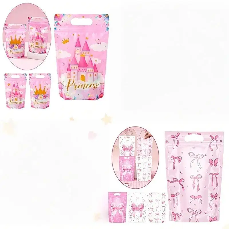 10/25Pcs Pink Bow Pattern Zipper Gift Bags Stand Up Self Sealing Handle Pouch
