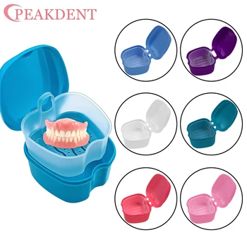 1 PC ฟันปลอม Bath กล่องฟันเทียมกรณีจัดฟัน Retainer พร้อมแขวนคอนเทนเนอร์สุทธิทําความสะอาดฟันปลอมกล่องเก็บ