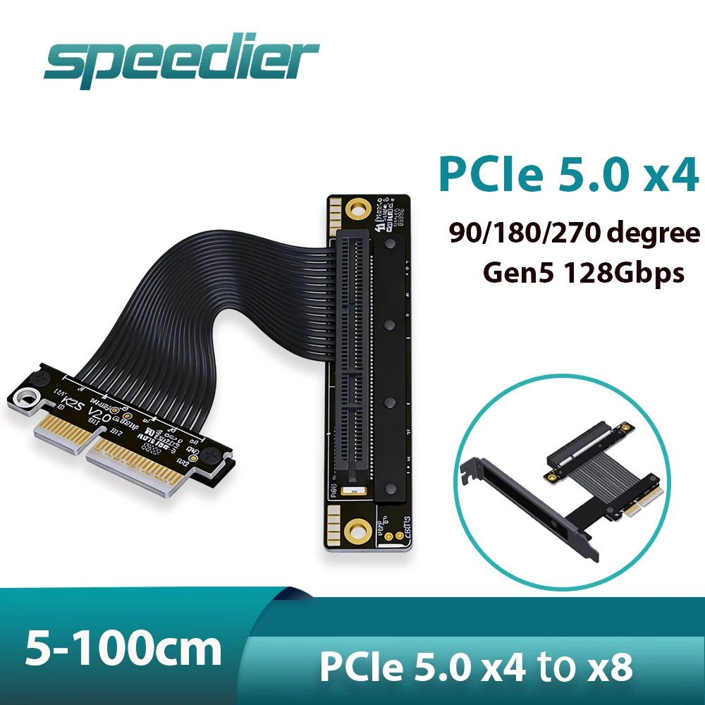 

Удлинительный кабель PCIe 5.0 X4 к X8 Riser 90 180 270 градусов GEN 5 128 Гбит/с PCI-E 4X Расширение SSD 1U Адаптер графического процессора PCI Express