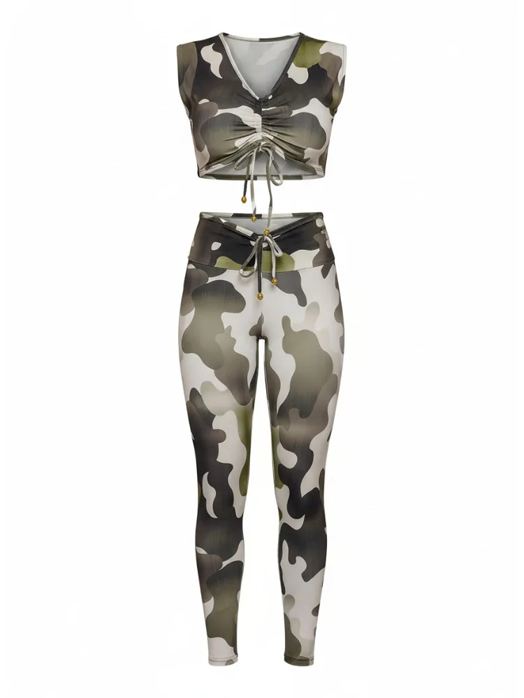 

Gymdolphins Women's Camo Drawstring Sports Set V-neck Sleeveless Top & High Waist Leggings Skinny Fitness Yoga Pant Sets