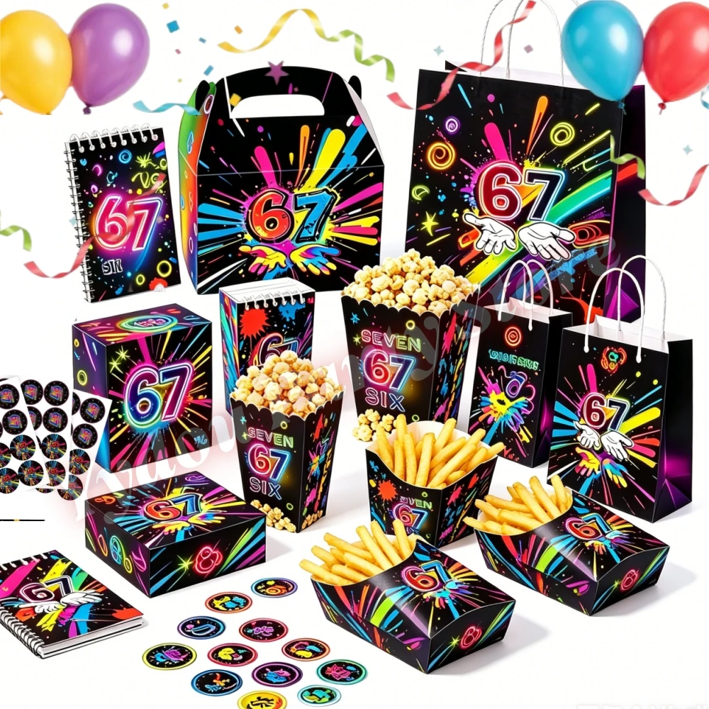 Decorações Divertidas para Festa 67 Six Seven, Caixa de Pipoca, Caixa de Batatas Fritas, Sacola de Presente 3D, Material para Festa de Aniversário, Lembrancinhas para Crianças