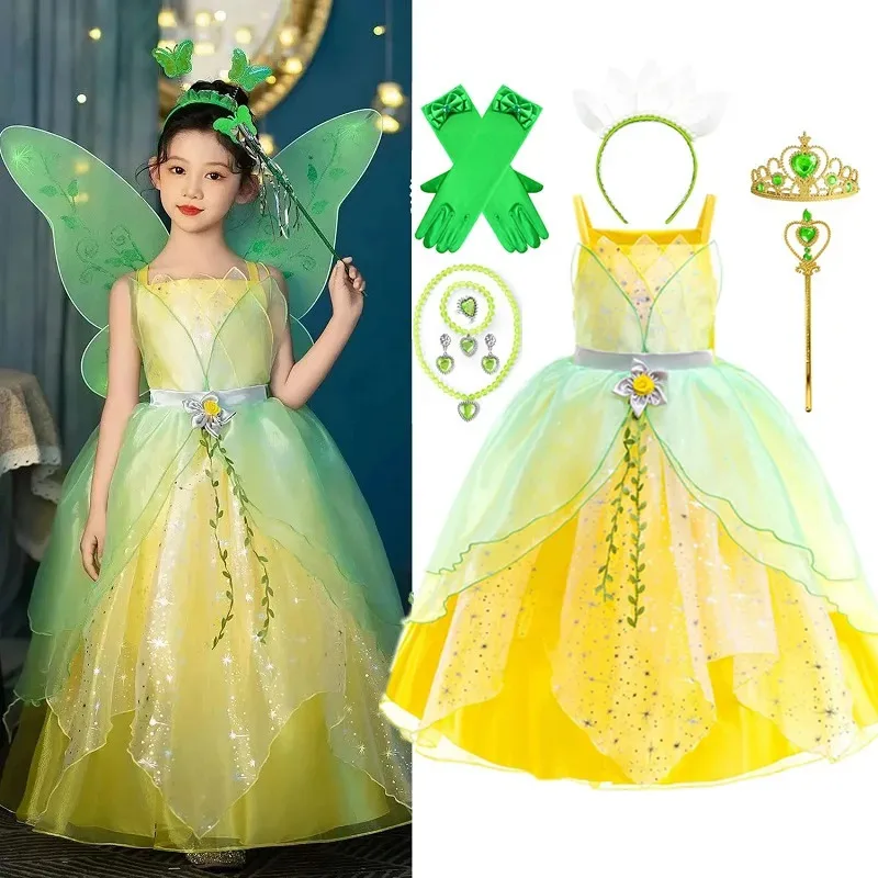 

Halloween Girls Fairy Tale Tiana Cosplay Costume Princess Green Elf Party Dress Carnival Ball Gown Princess and Frog Vestidos