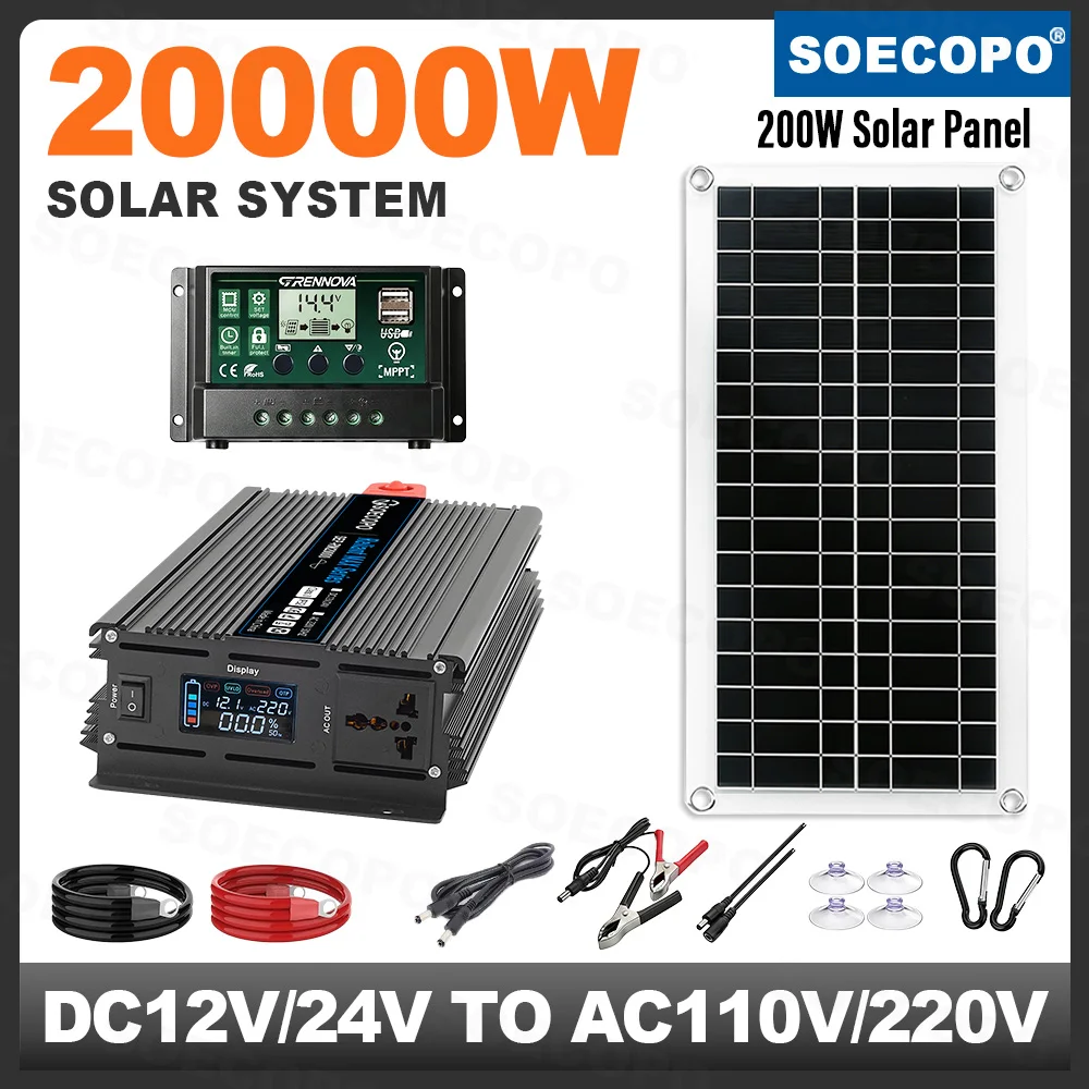 Outdoor Power 20000W Solar Kit 200W Panel High Conversion Inverter Controller Off Grid Power Supply for Picnic Garden Party Car