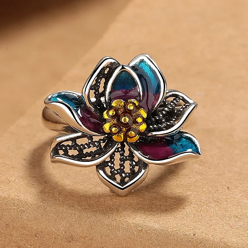 New Retro Ethnic Landscape Thai Blue Enamel Lotus Ring Female Personality Simple Fashion Live Ring Jewelry