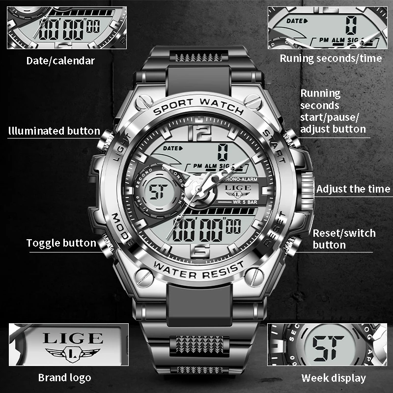 FOXBOX Men Fashion Sports Watch Luxury Dual Display Quartz WristWatch For Men Luminous 50M Waterproof Military Relogio Masculino