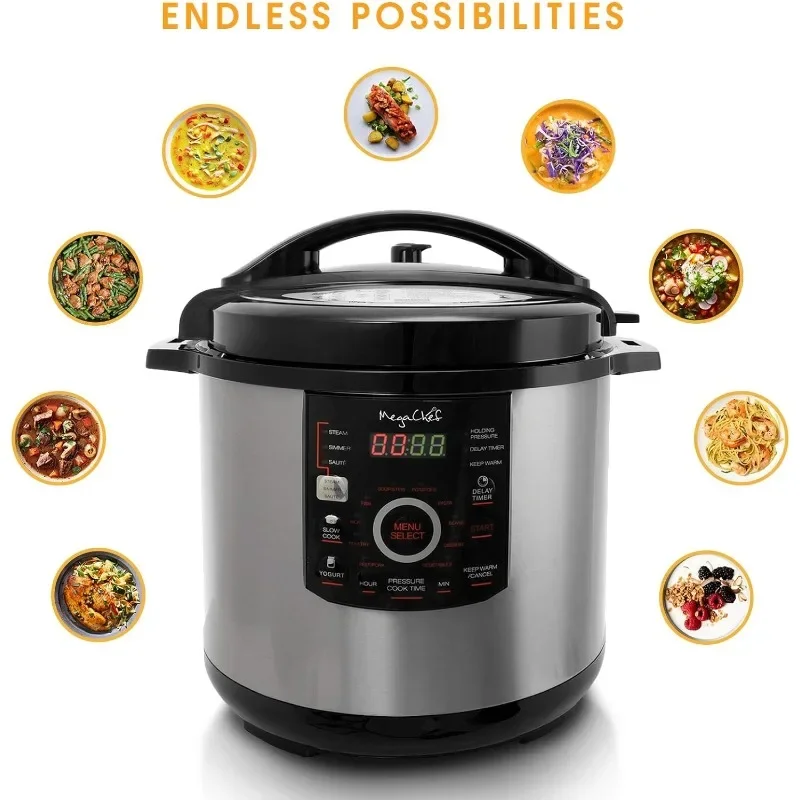 MegaChef 6 Quart Electric Pressure Cooker with 14 Pre-Set Multi-Function Features & Stainless Steel Pot