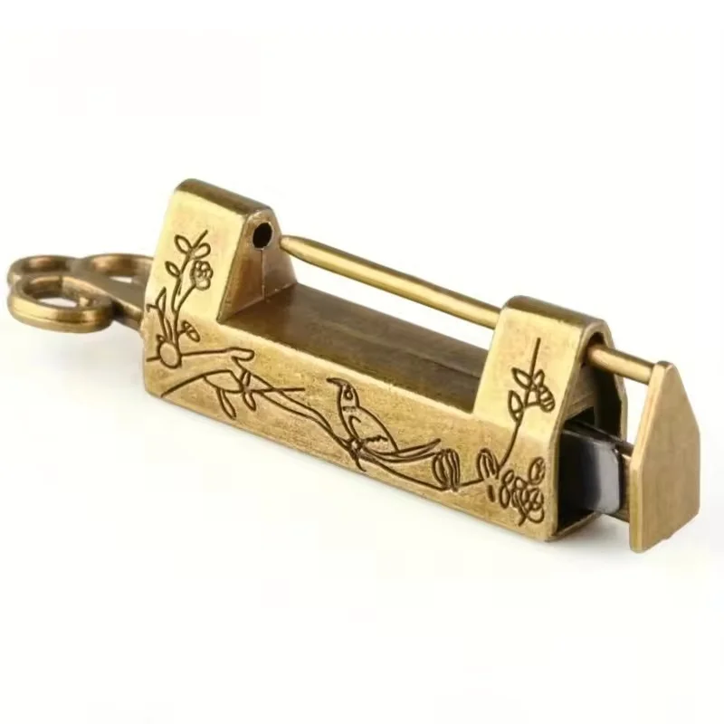 2 styles Chinese Vintage Antique Locks Old Style Lock and Key Excellent Brass Carved Word Padlock