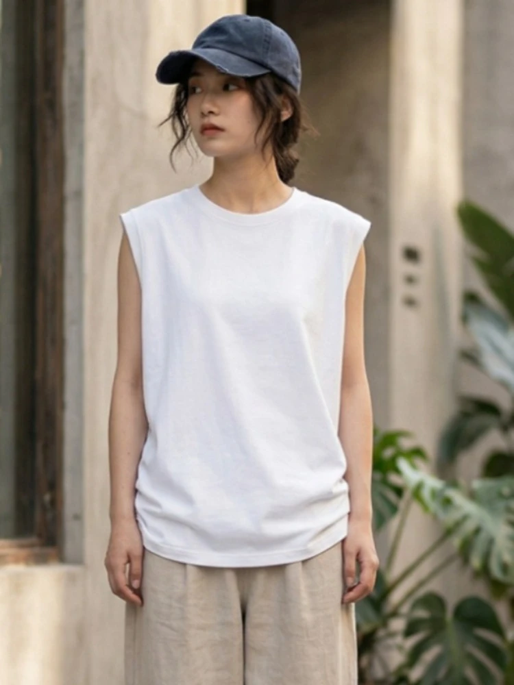 2026 Summer Cotton O-Neck Sleeveless Vest Solid Color Ribbed Cuff Women's Tank Top Loose Casual Versatile Streetwear Camisole