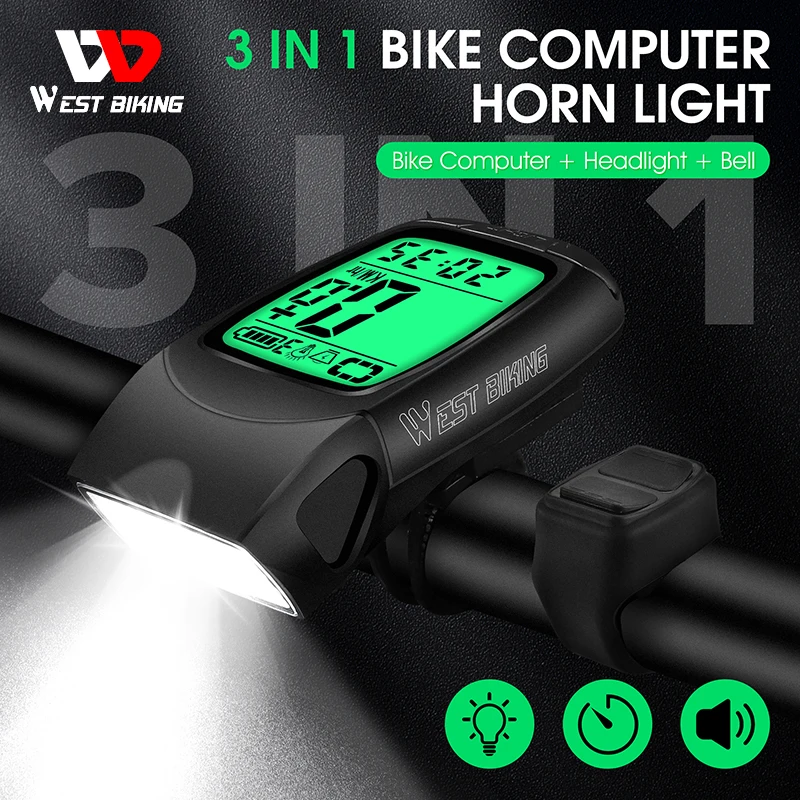 

WEST BIKING Wireless Bicycle Computer LED Light Horn 3 In 1 Versatile Bike Odometer USB Rechargeable Waterproof Speedometer