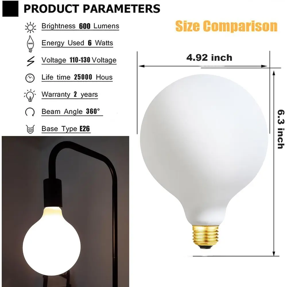 Large Globe LED Bulb, Dimmable 2700K-5000K, 600LM, 60W Equivalent, Frosted Glass, 2 Pack