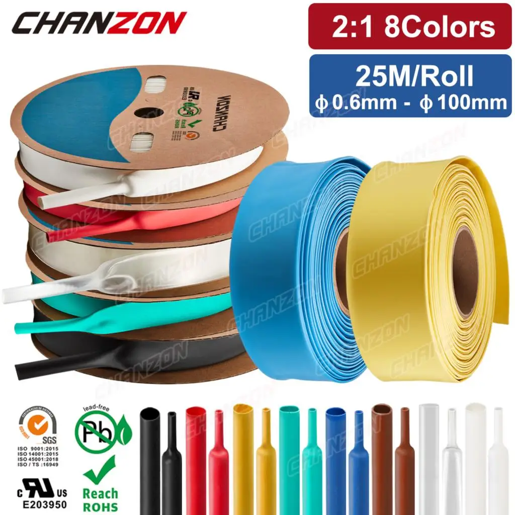 25M/Roll 2:1 Φ0.8-Φ100Mm Heat Shrink Tube Heated Shrinking Wrap Tubing Tape Wrapping Hose Polyolefin Cable Sleeve Wire Protector