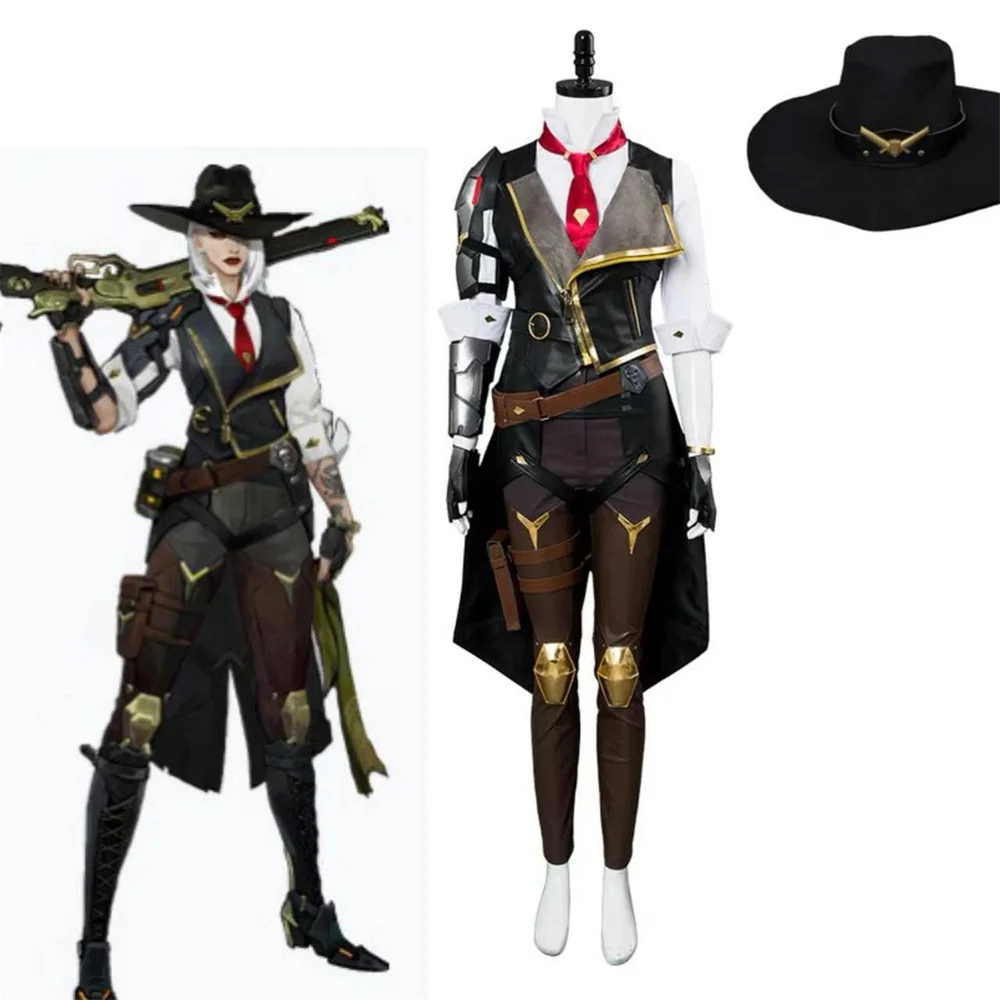 Game Ashe Cosplay Kostüm Damen Kampfuniform Komplettset mit Hut Halloween Karneval Party Outfit Maßgeschneidert