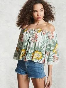

Women's Holiday Sle irt Lace Trimmed Bell Sve Floral Print One-oulder Design Comfortable Viscose Fiber Blouse